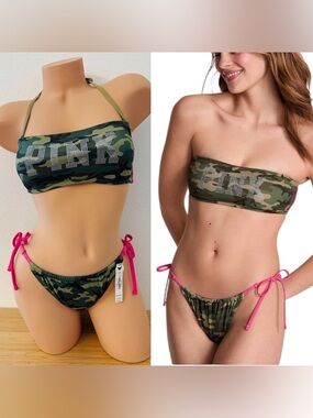 PINK Victorias Secret Swim Bling Bandeau Top & Side-Tie Bikini Bottom Camo